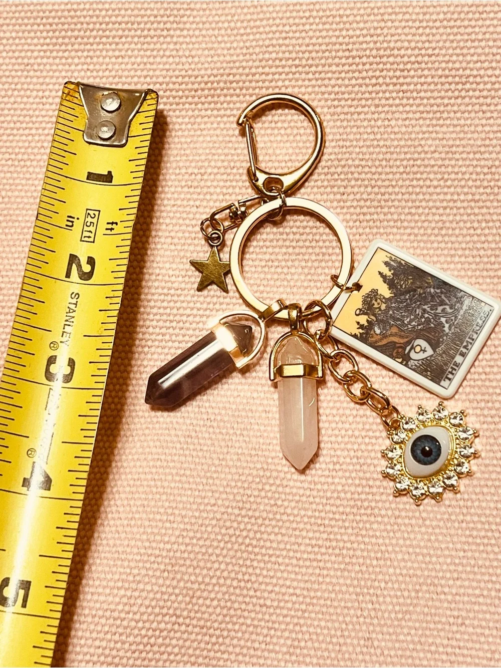 Gold Tarot Empress Keychain with Purple & Cream Crystal Charms NWOT